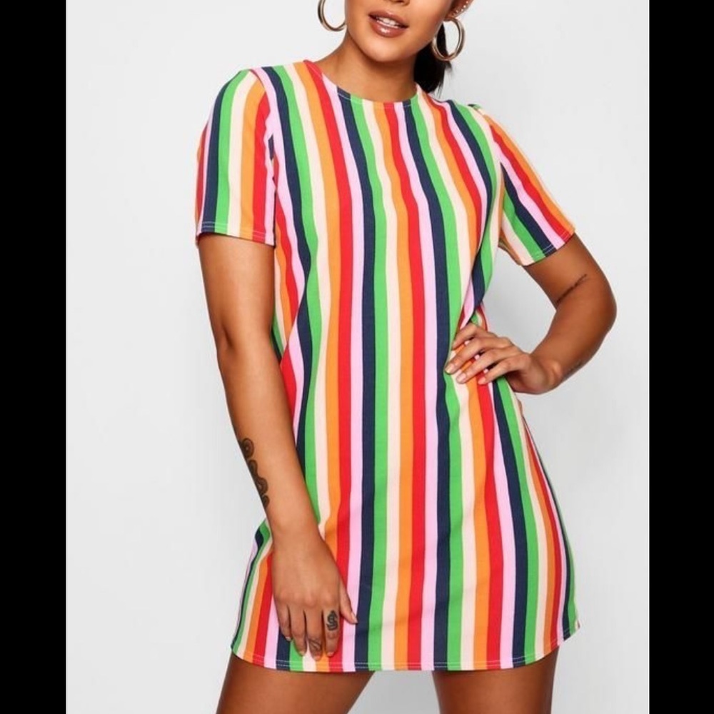 BOOHOO RAINBOW STRIPE SHORT SLEEVE SHIFT DRESS LEAF GREEN-12 Size 8